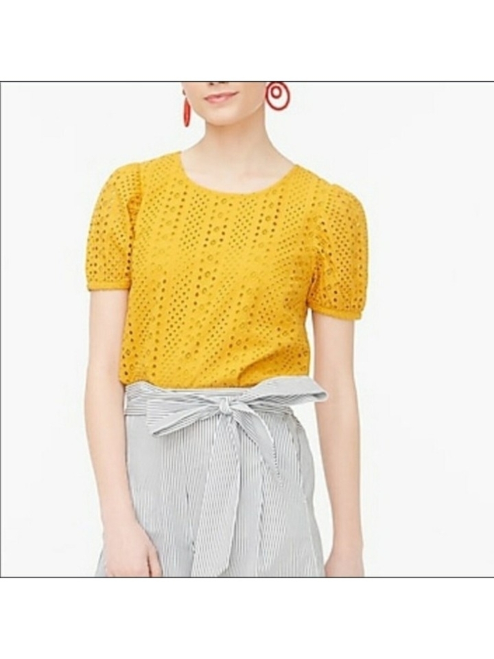 J. Crew Mustard Eyelet Puff-Sleeve Blouse Large